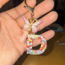 Letter D Initial Butterfly Tassel Key Chain, Metal/Resin, Multicolor Gold Pink