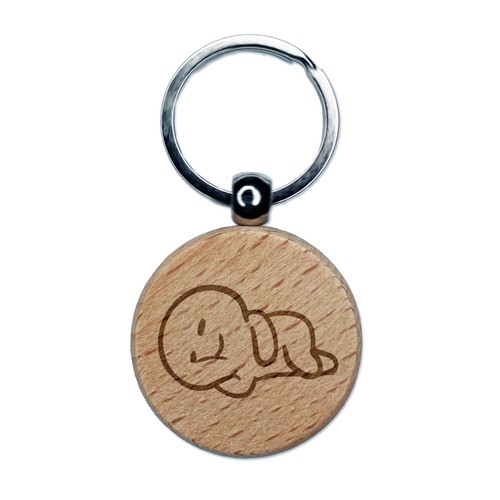 Sleeping Person Emote Nap Rest Engraved Wood Round Keychain Tag Charm - Picture 1 of 6