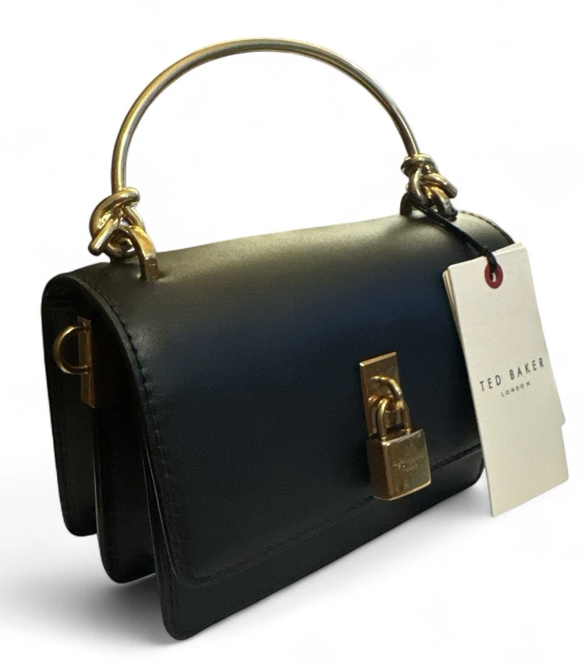 Ted Baker London Black Leather Top Handle Bag Gold Padlock Charm Detached Strap - Image 4 of 4