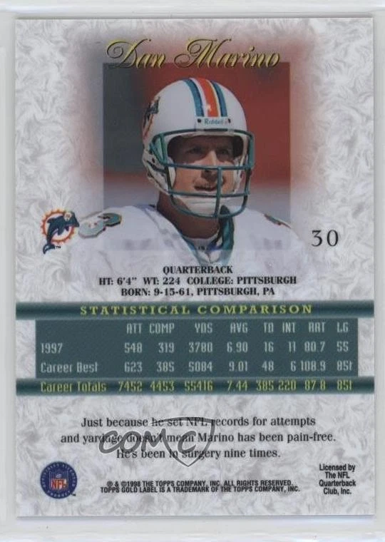 1998 Topps Gold Label Class 3 Dan Marino #30 HOF - Image 2 of 2