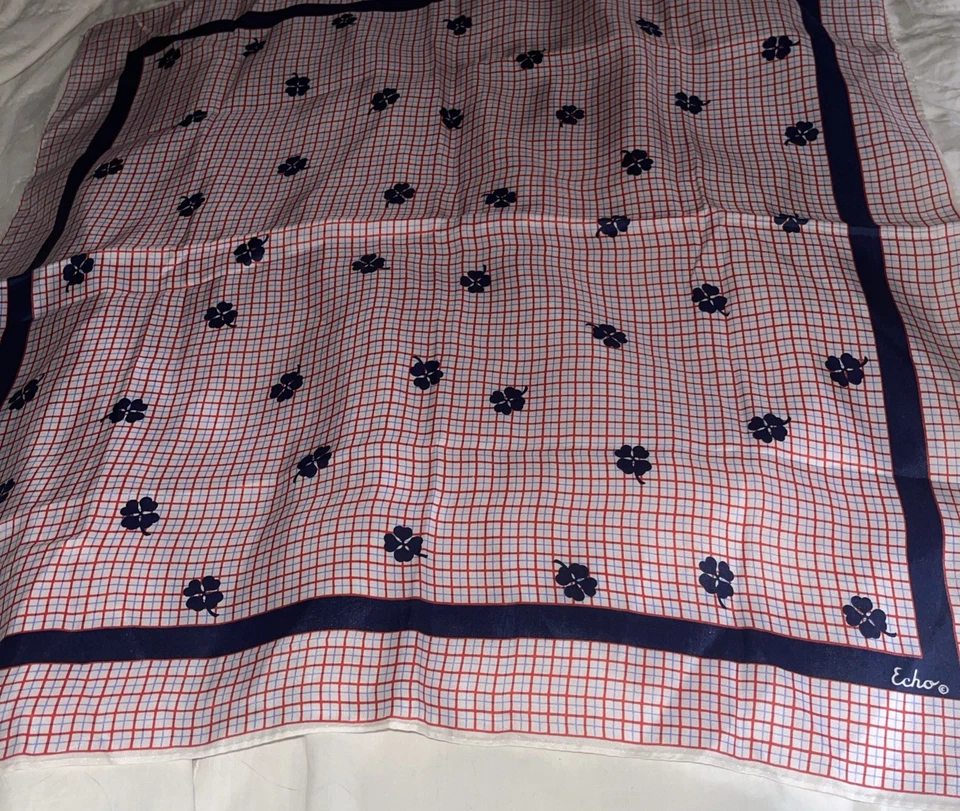 Vintage Echo Square Silk Bandana Scarf Neckerchief, White Blue Red Plaid - Image 2 of 4