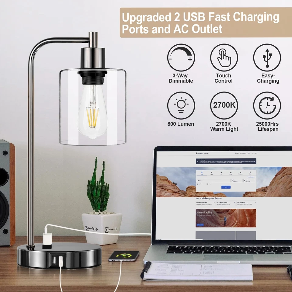 Juego de 2 lámparas de mesa de control táctil industrial - Lámparas de noche de níquel negro con... Foto 4 de 4