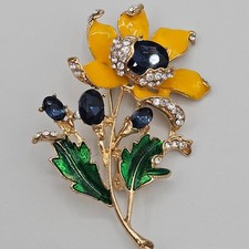 Floral Brooch Yellow Blue Rhinestone Gold Ton...