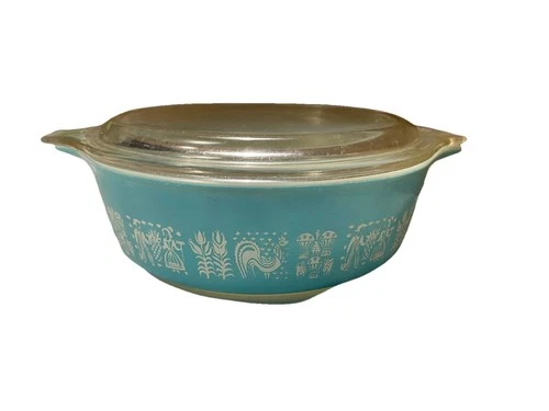 Vintage Pyrex 471 Turquoise White Glass 1 PT AMISH BUTTERPRINT Casserole W/ Lid