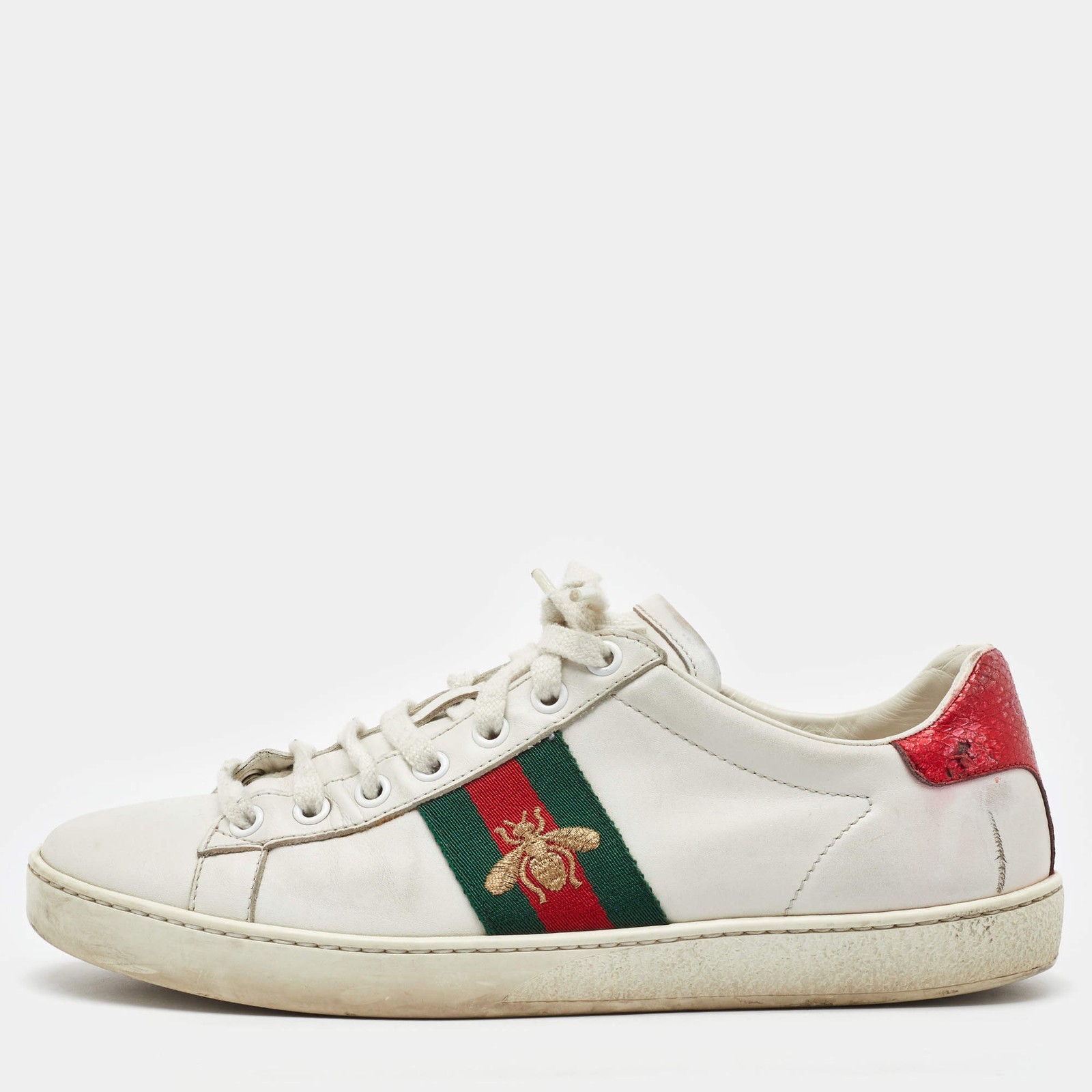 Gucci White Leather Ace Bee Embroidered Low Top Sneakers Size 38