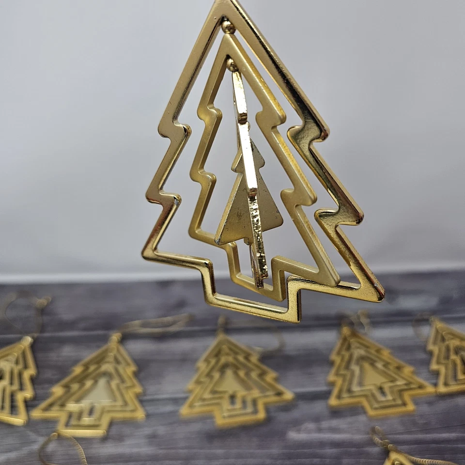 Lote De 10 Adornos De Navidad Tono Dorado Metal Corte 3D Forma De Árbol Pesado De Colección Giratorio Foto 4 de 4