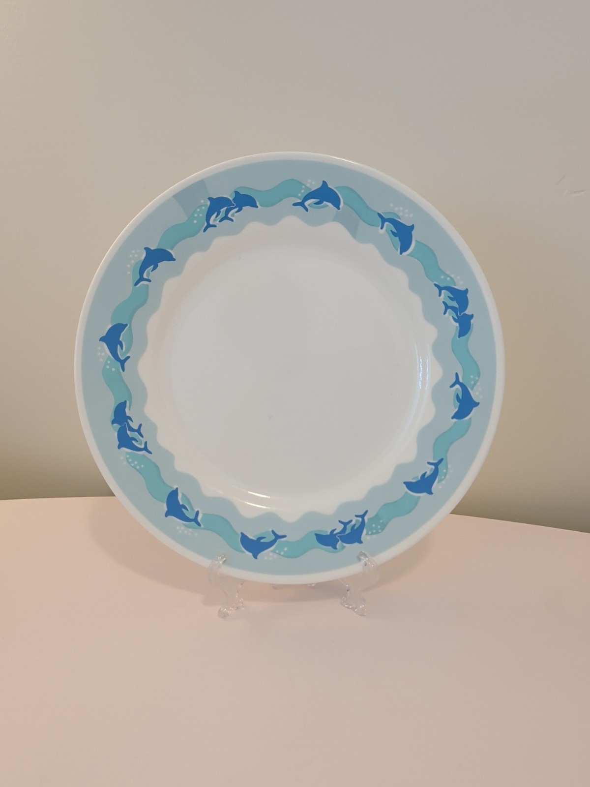 Corelle ‘Ocean Dance’ 3~10.75 Dinner Plates Blue Dolphins Green Band On White