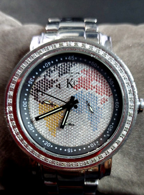 Techno Com by KC Watch Mens Diamond Bezel World Map Dial Stainless Steel Quartz