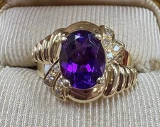 14k Solid Gold Amethyst & Diamond ring, 7.424 Gram - Easly Resizable