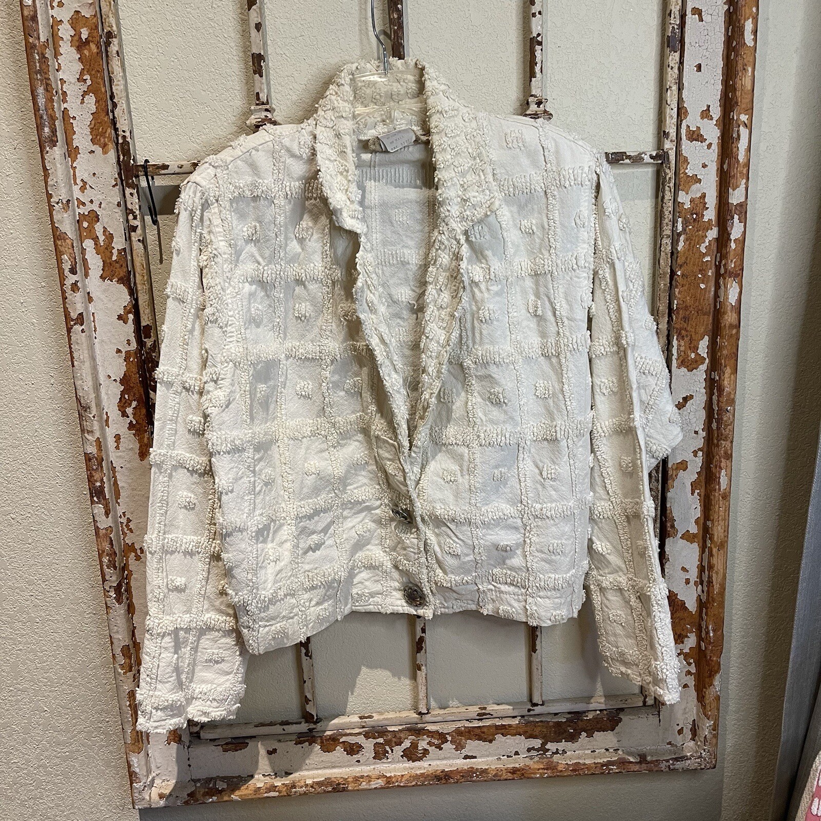 Giacca vintage in ciniglia pony dipinta avorio con spalline M