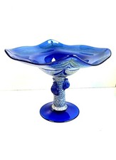 ANTICA ALZATA COPPA VETRO MURANO BLUE TRASPARENTE ORO FOGLIE CENTROTAVOLA EPOCA 