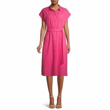 Time and Tru Women's Eyelet Belted Midi Shirt Dress PINK SIZE S           --R3--