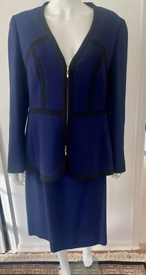 New ESCADA Blue Jacket & A-line Skirt  With Black Trim Suit Set  Size 40