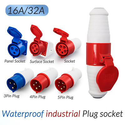 3/4/5 PIN RED INDUSTRIAL PLUGS & SOCKETS 3 PHASE 3P+N+E IP44 MALE/FEMALE 32A 16A