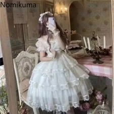 White Woman Dress Slash Neck Puff SleeveTunic Sweet Dresses Bow LaceRobe Femme