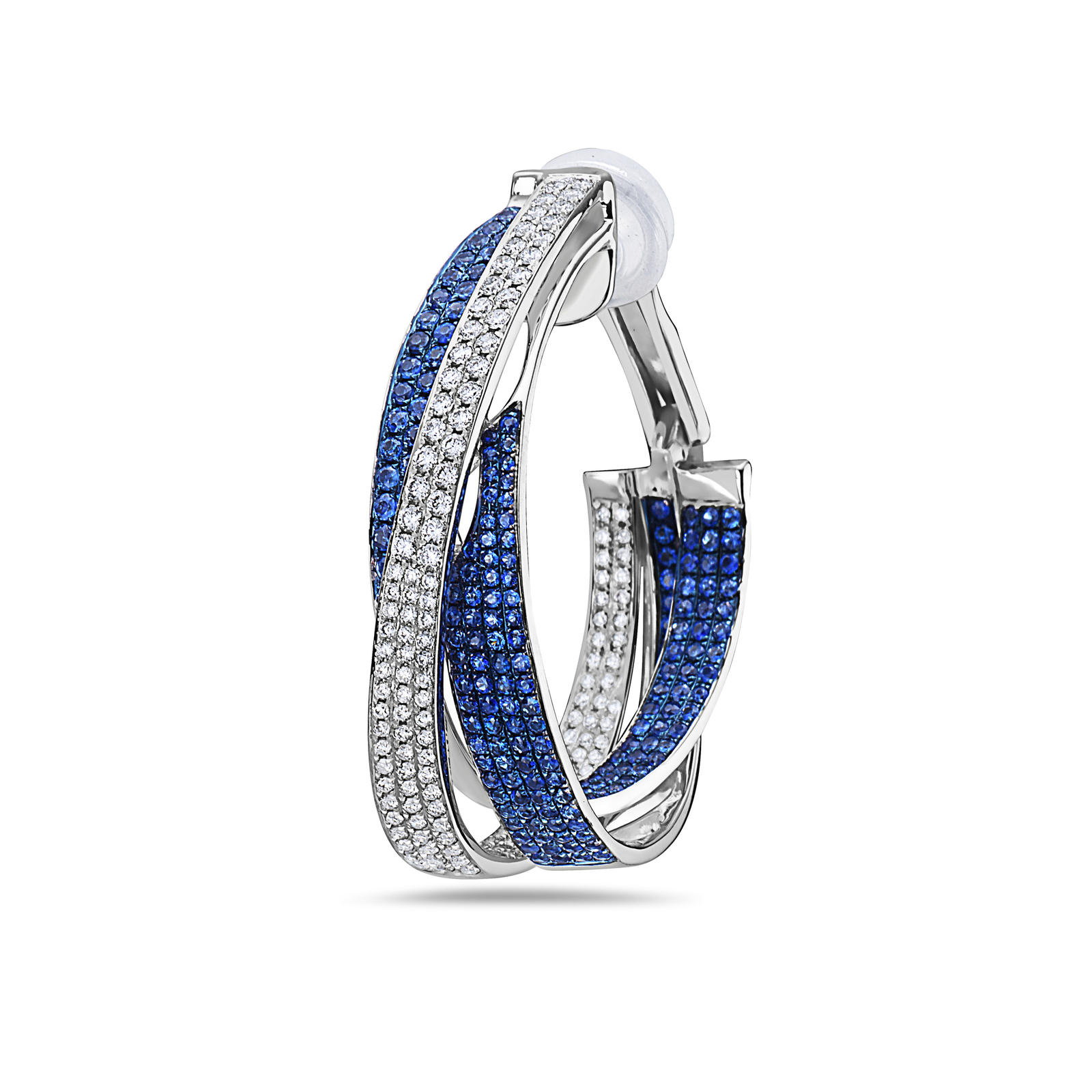 ORECCHINI A SOSPENSIONE CLIP MULTI FILA ORO BIANCO 18KT DIAMANTI E ZAFFIRO AAA 3 97CT