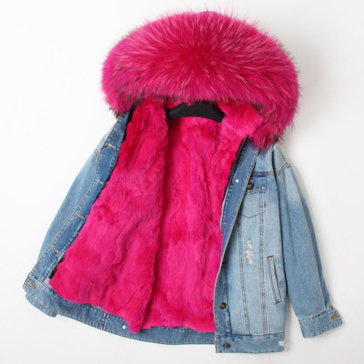 Women's Denim Jackets Large Fox/Raccoon Fur Coat Hooded