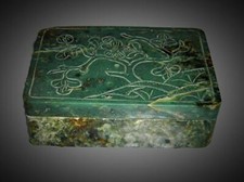 Antique Superb Chinese Carved Spinach Green Jade Rectangular Box And Cover.