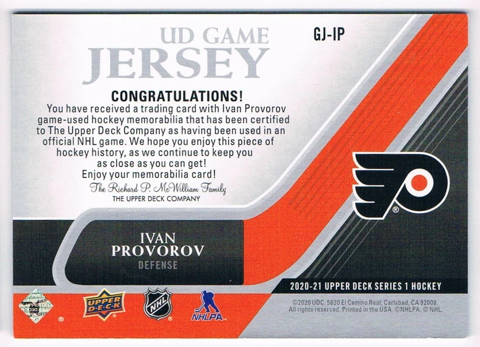 2020-21 UPPER DECK UD GAME JERSEY BLACK IVAN PROVOROV PHILADELPHIA FLYERS #GJ-IP - Image 2 of 2