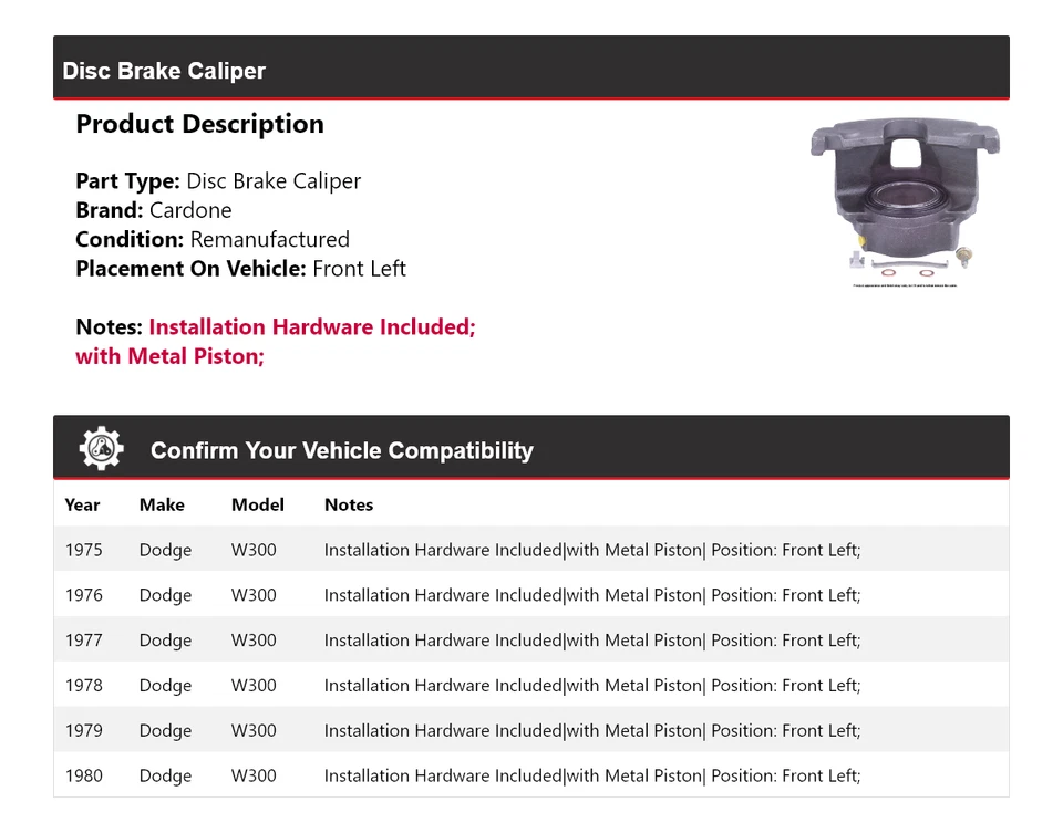 Pinza de freno de disco delantera izquierda Cardone 1976 1977 1978 para Dodge W300 1975-1980 Foto 2 de 4