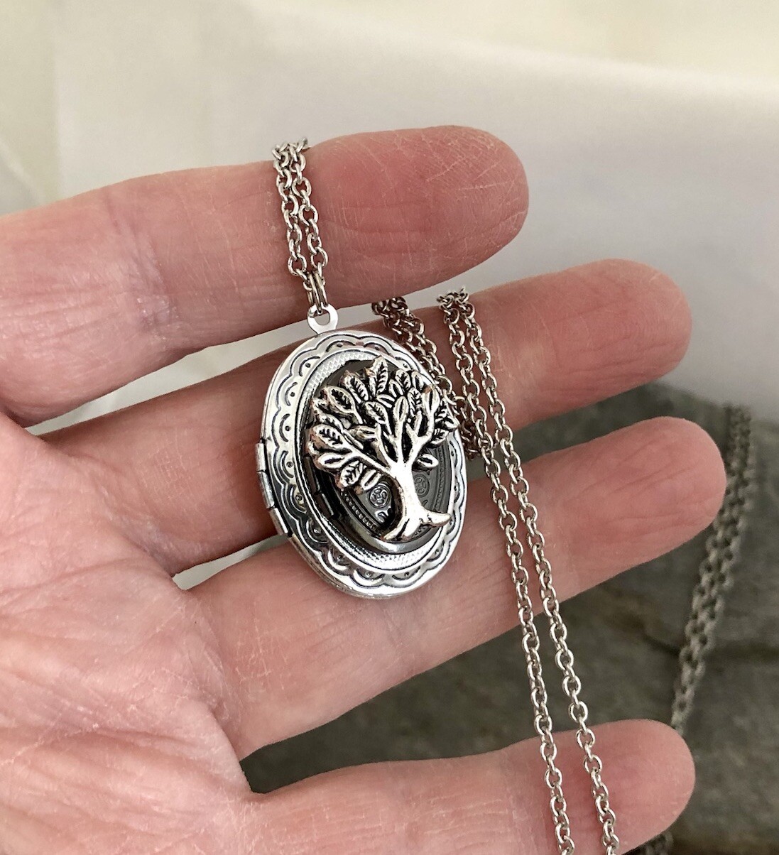 Tree Of Life Double Locket Necklace, Vintage Antique Silver Family Photo Pendant