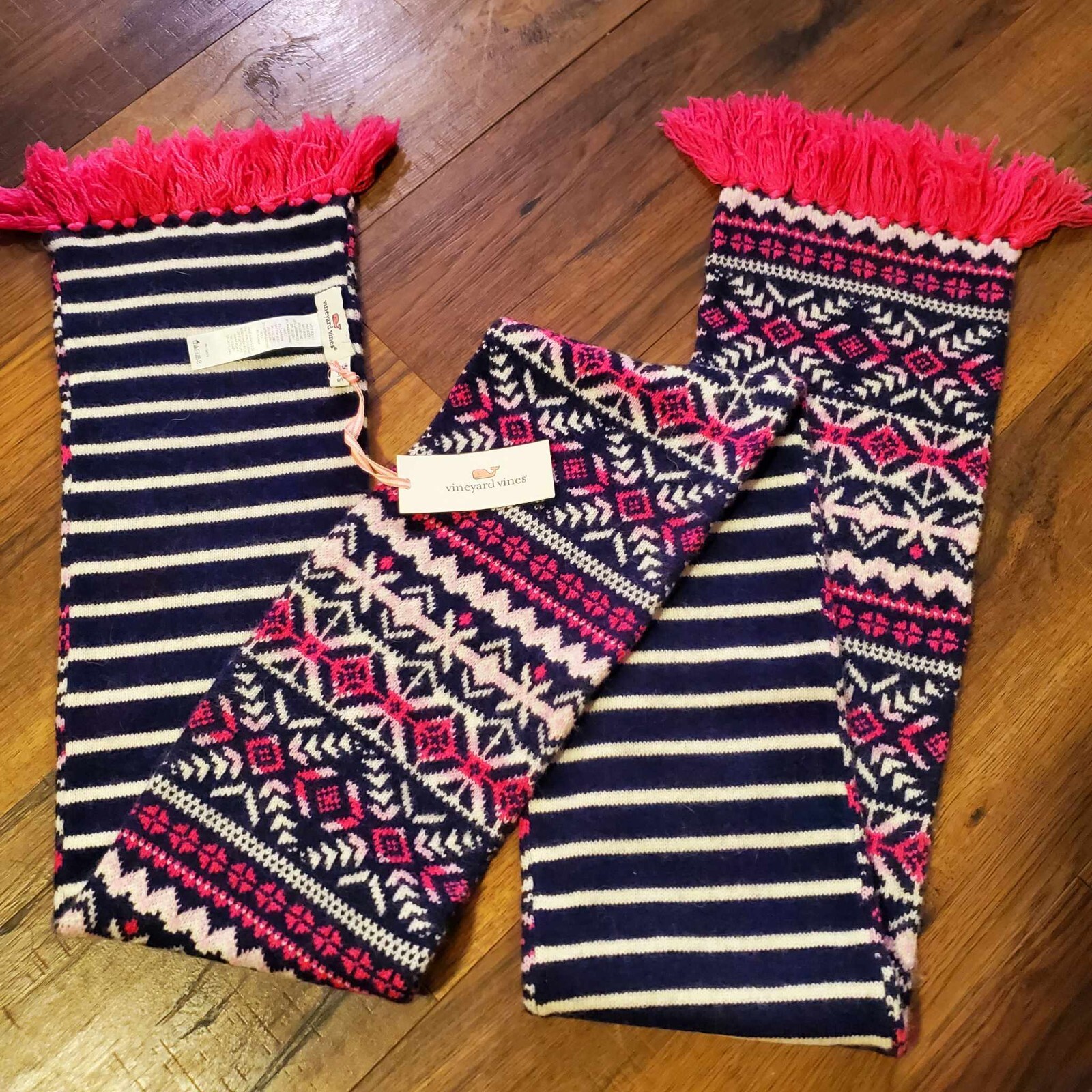 NWT Vineyard Vines Fairisle Stripe Scarf White Pink Navy Cashmere Viscose Lambsw