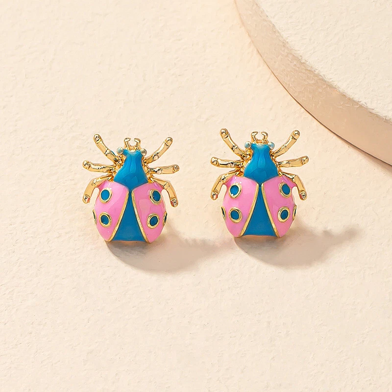 Pink Blue Ladybug Stud Earrings
