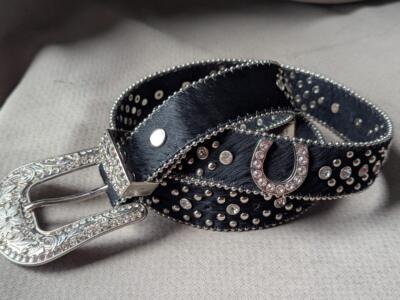 vintage RHINESTONE buckle belt STUDDED horse shoe 38 black  display picture 2