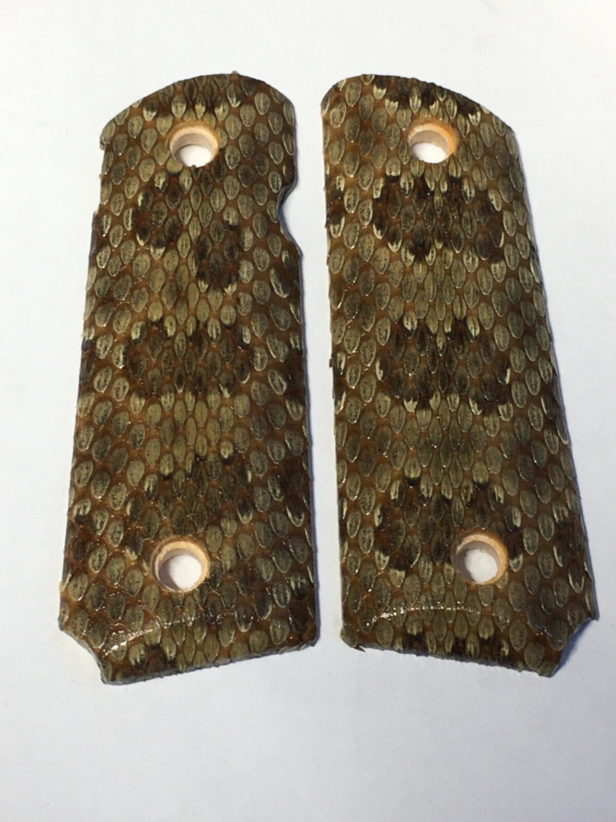 Compact ambi cut 1911 pistol grips wrapped in prairie rattlesnake