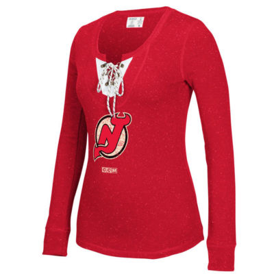 New Jersey Devils NHL CCM Women's Red Lace-Up Henley Long Sleeve T-Shirt,  Medium