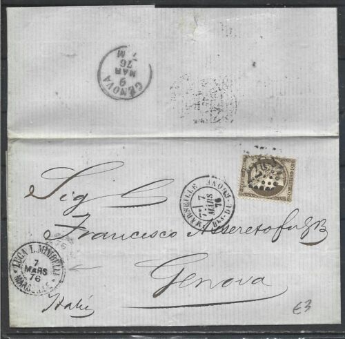 1876 FRANCE 30C ISOLATED ON COVER FROM VARSEILLE TO ITALY
