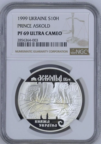 1999 Ukraine Silver Coin,10 hryven "Askold" NGC PF69