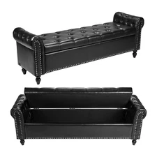 Uimoso Button-Tufted Storage Ottoman Bench Rolled Arm PU Leather Wood Legs Black