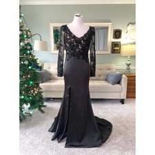 Black Lace Beaded V Neck Mermaid Wedding Dresses High Slit Satin Bridal Gowns