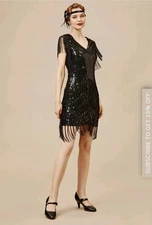 BABEYOND Flapper Dress Women's Black Fringed Sequin Roaring Sleeveless V-Neck XS