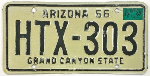 Arizona 1966 1967 License Plate HTX-303 MVD Clear for YOM