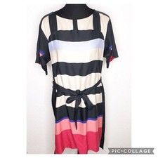 Ann Taylor black cream pink striped belted dress size Medium
