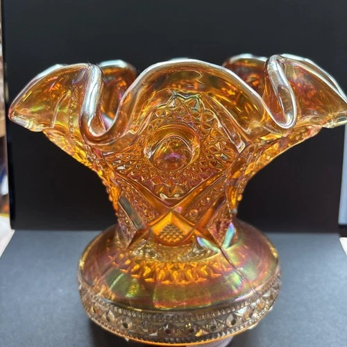 Imperial Marigold Carnival Hobstar Art Glass Punch Bowl Base   1900