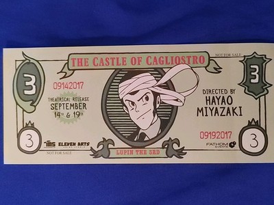 Eleven Arts Lupin the 3rd Fathom Events 3 Dollar Bill Ticket Hayao Miyazaki