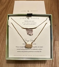 Luna Norte Pink Druzy Quartz Necklace Set 14 KT Gold Plated Brass