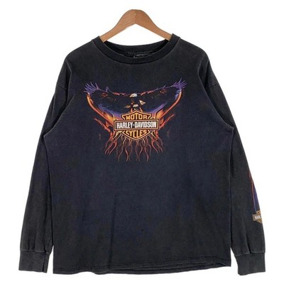 00's HARLEY-DAVIDSON Eagle Bar & Shield Flame Long Sleeve T-Shirt Black USA Used