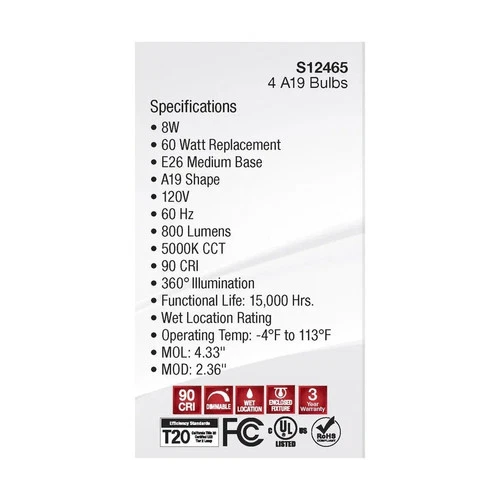 8W A19 LED - Clear - 5000K - Medium Base - 120V - 4-PACK - Picture 7 of 7