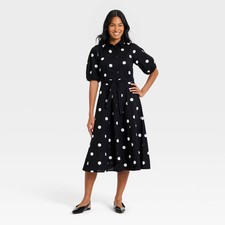 Women's Midi Button-Down Shirtdress - A New Day Black/Cream Polka Dot M