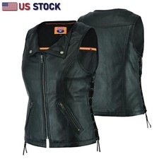 Women  s Motorcycle Side Lace Leather Vest Collar Style Lamb Soft Ladies Vest