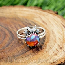 Moon and Star - Kingman Pink Dahlia Turquoise 925 Sterling Silver Handmade Ring