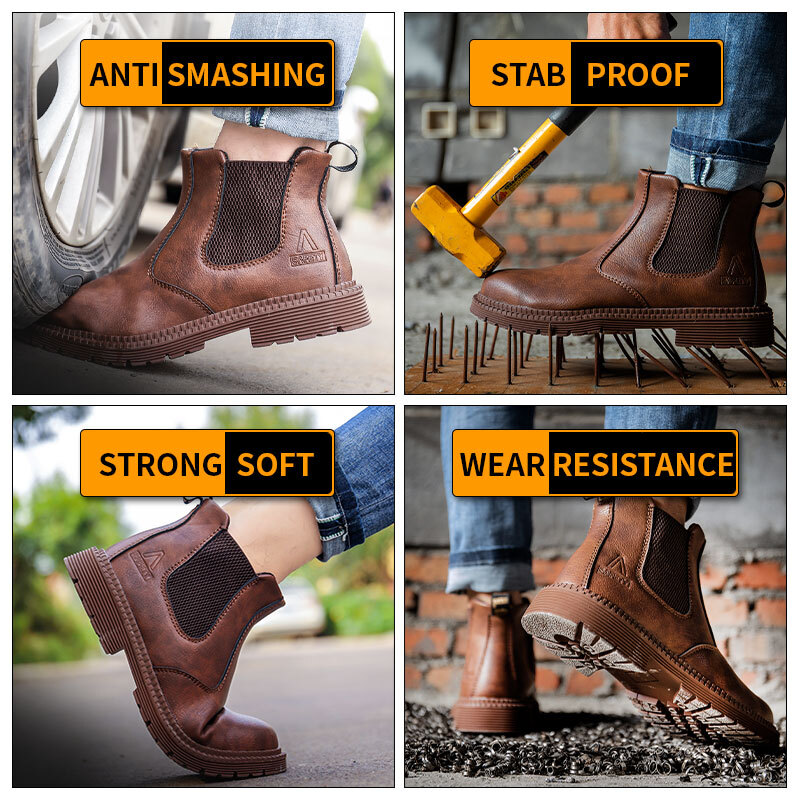 Safetoe Mens Safety Shoes Steel Toe Lightweight Work Boots Slip on Leather Shoes