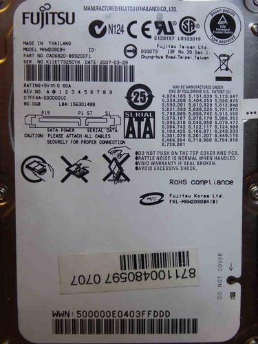 Fujitsu MHW2080BH | PN: CA06820-B89200F1 | 2007-03-29 | 80GB