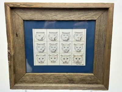 E Halsey Art Transformation Goldfish To Cat Signed Framed Matted Print 1988 VTG