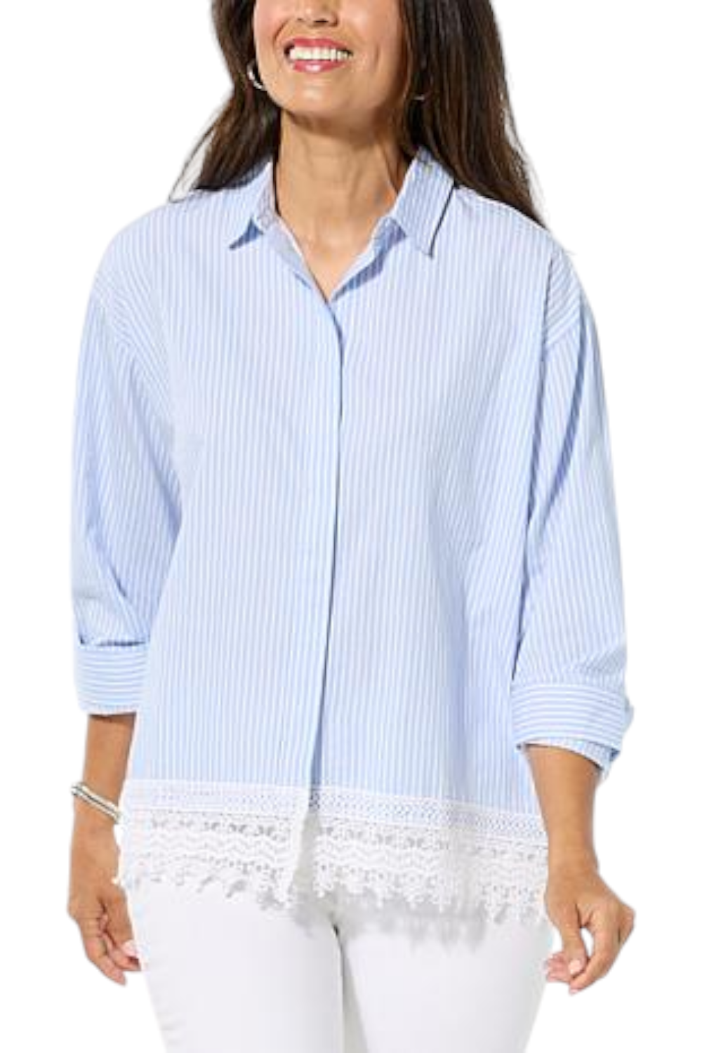 TWRHLL by Christie Brinkley Women's Button Down Blue/White Stripe