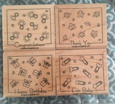 Stampin Up Fabulous Four Lot Wood Mounted Rubber Stamp 2004 Happy Birthday NOS